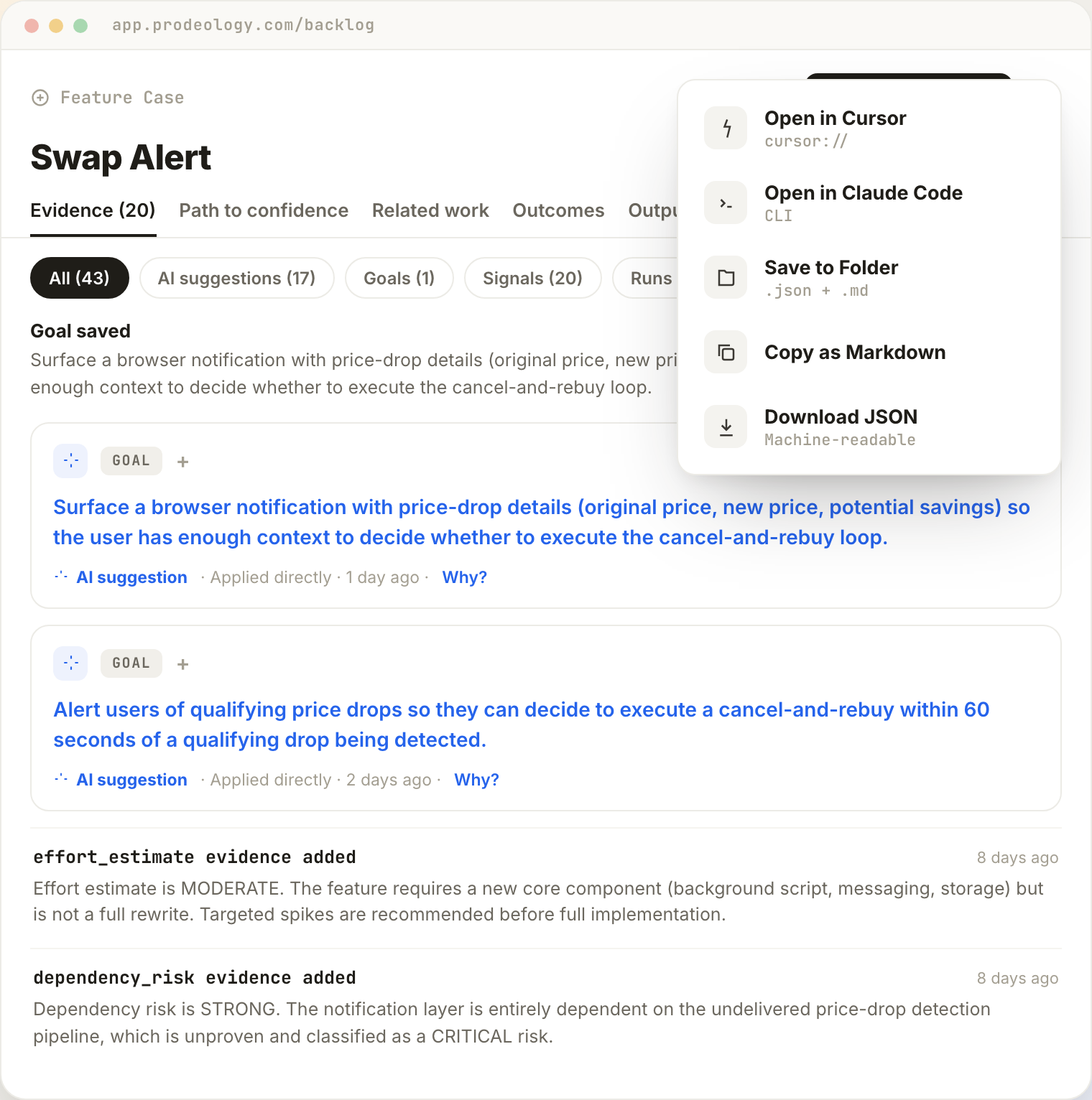 Prodeology Manifest — one agent-ready output that hands off anywhere: Open in Cursor, Open in Claude Code, Save to Folder, Copy as Markdown, or Download JSON, with quality scored across completeness, groundedness, testability, clarity, dependencies, and compliance